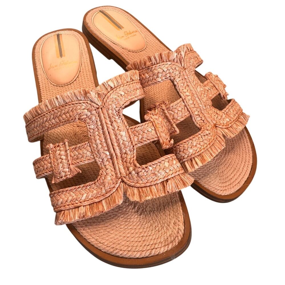 Sam Edelman Bay Slide Sandal Raffia Leather Fringe Pink Tan Bohemian Coastal